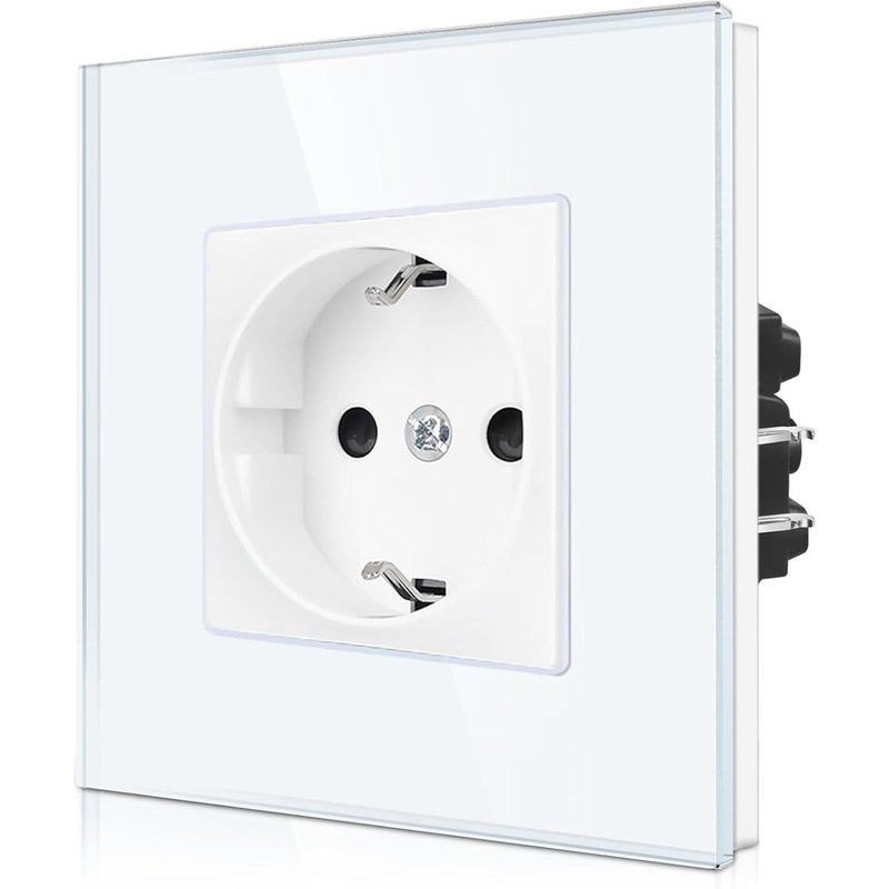 Prise simple encastrée avec griffes-Prise Schuko simple avec sécurité enfant-Contact de protection 16 A-Prise murale avec cadre en verre-Blanc