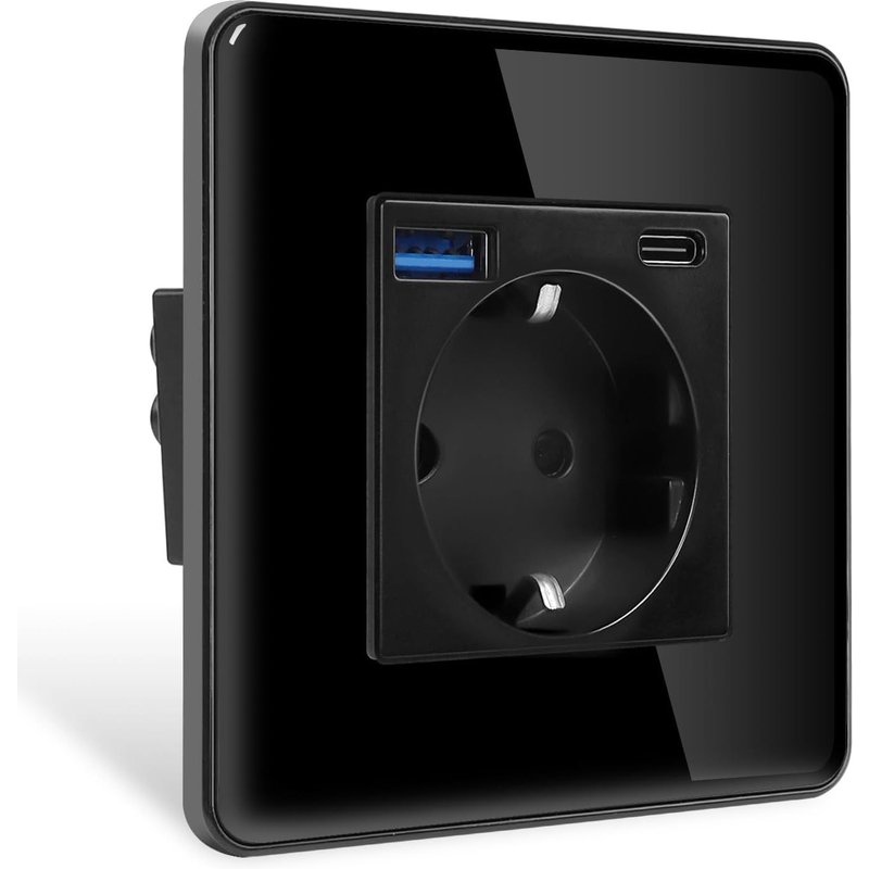 Prise Schuko avec port USB type C et USB A 1 compartiment en verre,encastrée,noire,avec cadre en verre