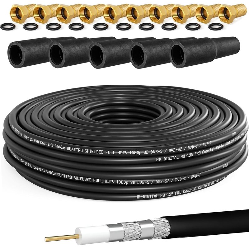 Câble coaxial SAT HQ-135 PRO de 50 m avec 5 douilles en caoutchouc + 10 fiches F plaquées or gratuitesCâble d'antenne satellite quadruple blindagePour installations DVB-S/S2 DVB-C/C2