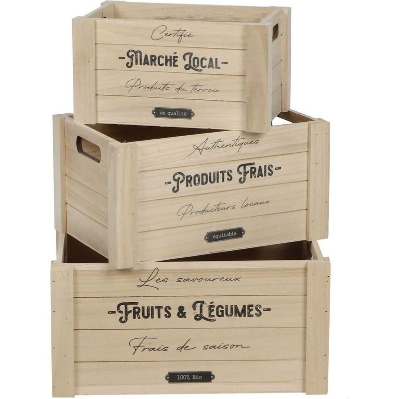 Lot De 3 Caisses Rectangulaires En Bois Décoré - Beige
