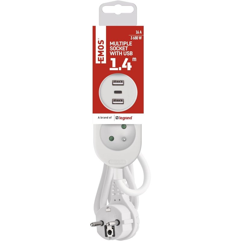 TWQ-- Prise multiple 2 prises avec 3 ports USB (1x USB-C, 2x USB-A), câble 1,4 m, compatible montage mural - IP20 intérieur - blanc