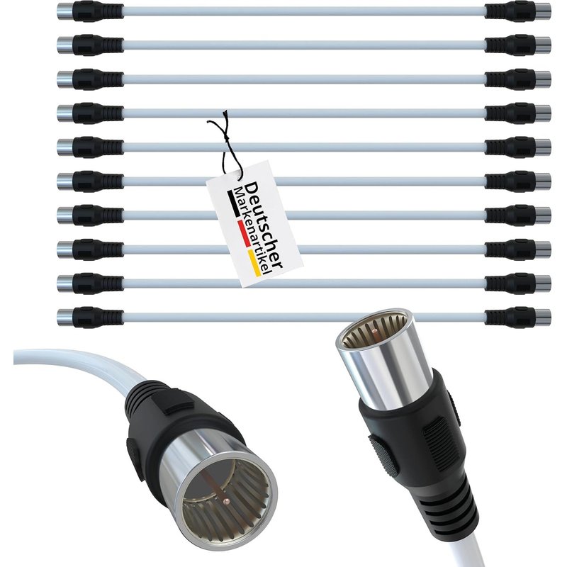 Fiche F Quick 10 x 35 cm-Câble de connexion quadruple blindage ¿ 105 dB-Gaine en PVC blanc-Câble coaxial-Câble de cavalier-Câble patch-Câble d'antenne