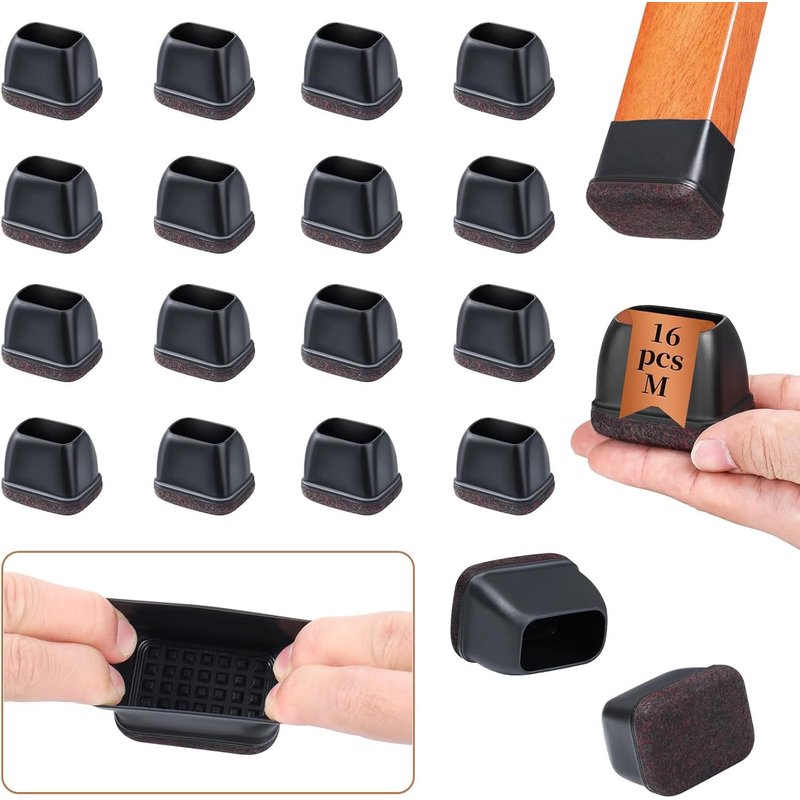Protection Pied De Chaise,16pcs Rectangulaire Patin Chaise Silicone,Noir Embout Pied De Chaise Avec Tampon Feutré,Protéger Le Sol Sans Bruit,Convient Largeur 18-22mm,Longueur 34-42mm