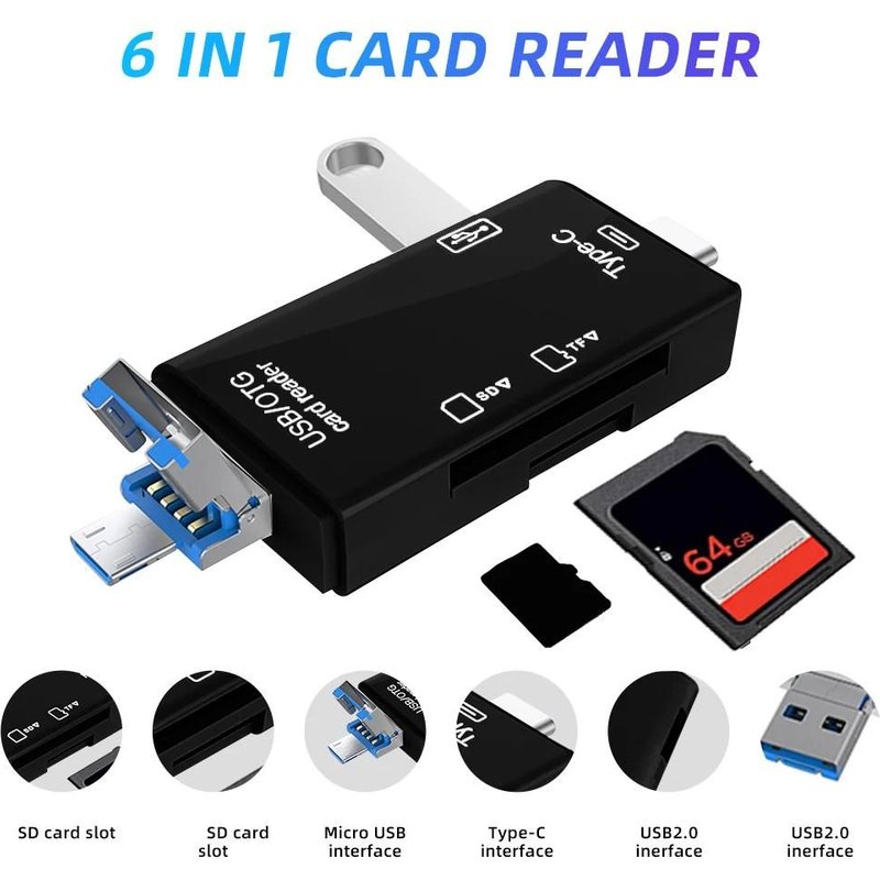 Lecteur de carte OTG Type C SD TF 6 en 1, adaptateur de clé USB Micro USB 3.0, transfert haute vitesse 5Gbps, lecteur de carte multifonctionnel