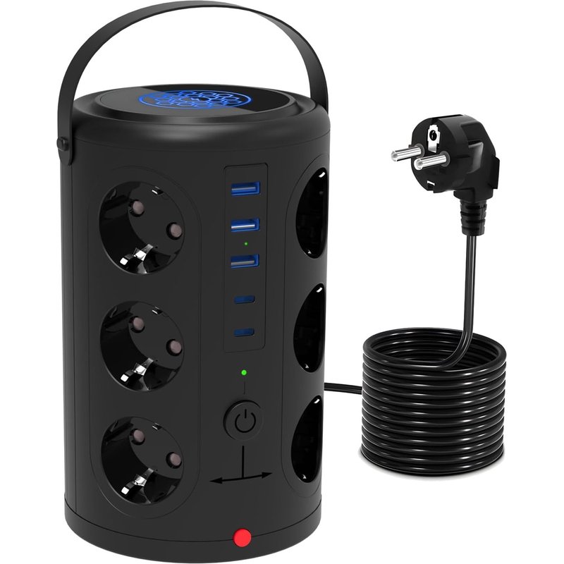 Tour Multiprise Parafoudre et Surtension avec 12 Prises et 5 Ports USB (2 USB-C), Prise Multiple avec 2 Interrupteur et Lumière de Nuit, 2M Rallonge Cordon, Multiprise Electrique pour Maison, Bureau