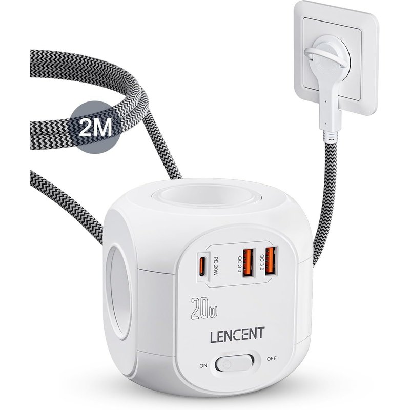Cube rallonge multiprise Fiche Plate Amélioré PD 20W 2M avec 4 Prises AC, 3 USB et 1 Type C, Surtensions pour rallonge électrique avec Interrupteur pour Maison, Cuisine, Bureau, Tressé Cable