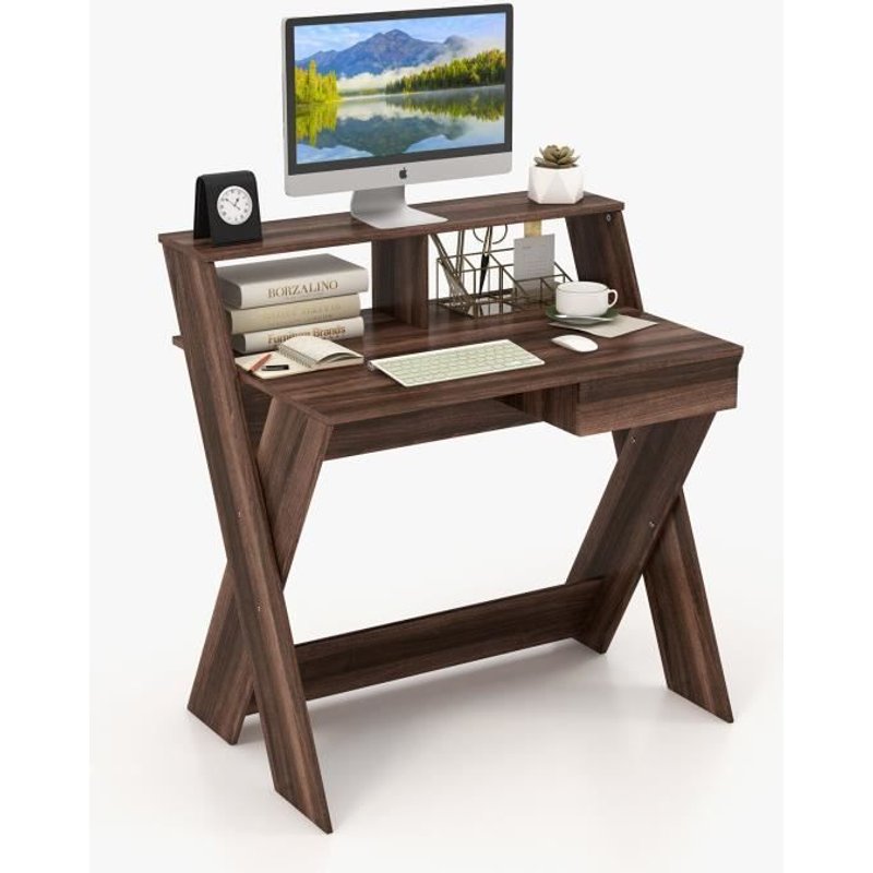 Costway Bureau Informatique Avec Rangement Et Support D'écran, Repose-Pieds Pour Travailler, Réviser, Gaming Marron