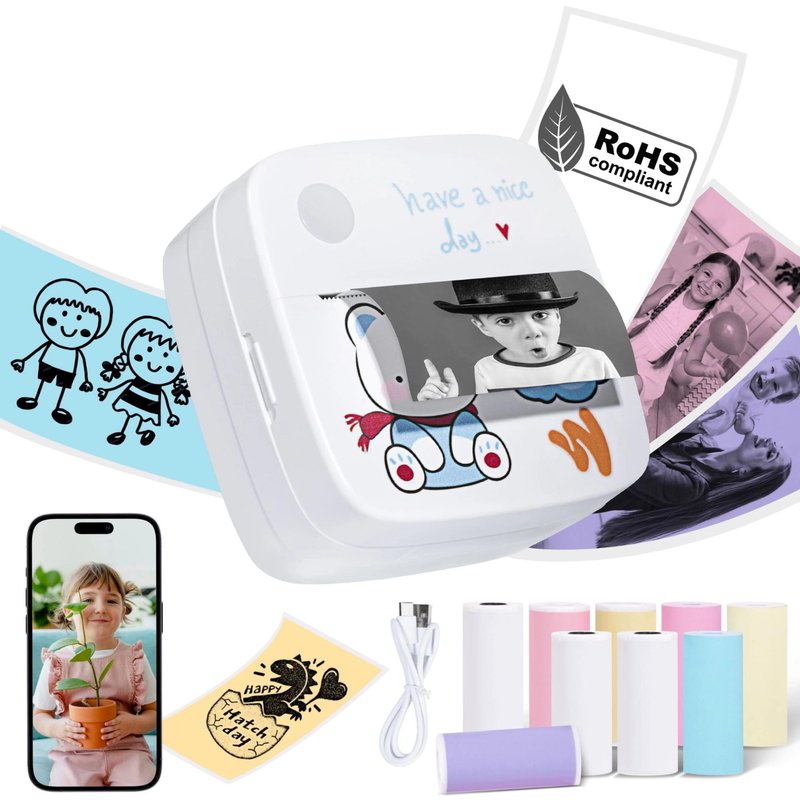 Wellkitch - Mini Imprimante thermique Portable avec 13 Rouleaux - Bleu