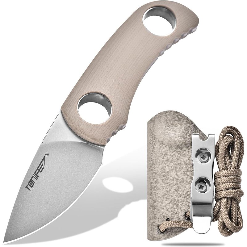 Runer Couteau De Cou Fixe Avec Fourreau Et Lanière,4,7cm Lame Full Tang Edc Couteau De Cou Pour L'extérieur (Sable Chaud + Stonewash)