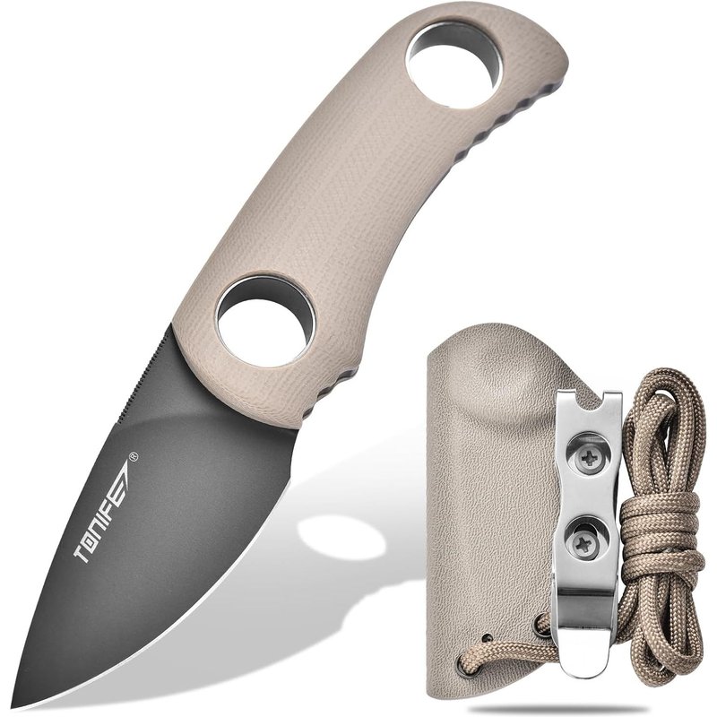 Runer Couteau De Cou Fixe Avec Fourreau Et Lanière,4,7cm Lame Full Tang Edc Couteau De Cou Pour L'extérieur (Sable Chaud+Gary Titane)