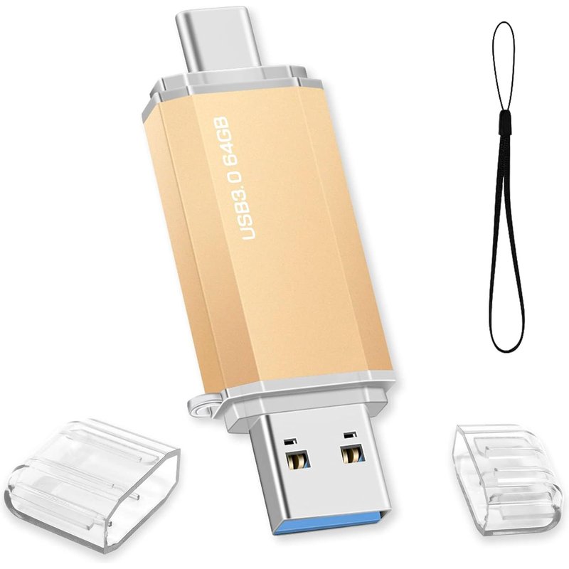 64GB USB C Flash Drive, 64GB 3.0 OTG Type C Flash Drive 2 in 1 Pen Drive Portable USB Memory Stick for Laptop/PC/Car/Tablet/Smartphone/TV (Gold)