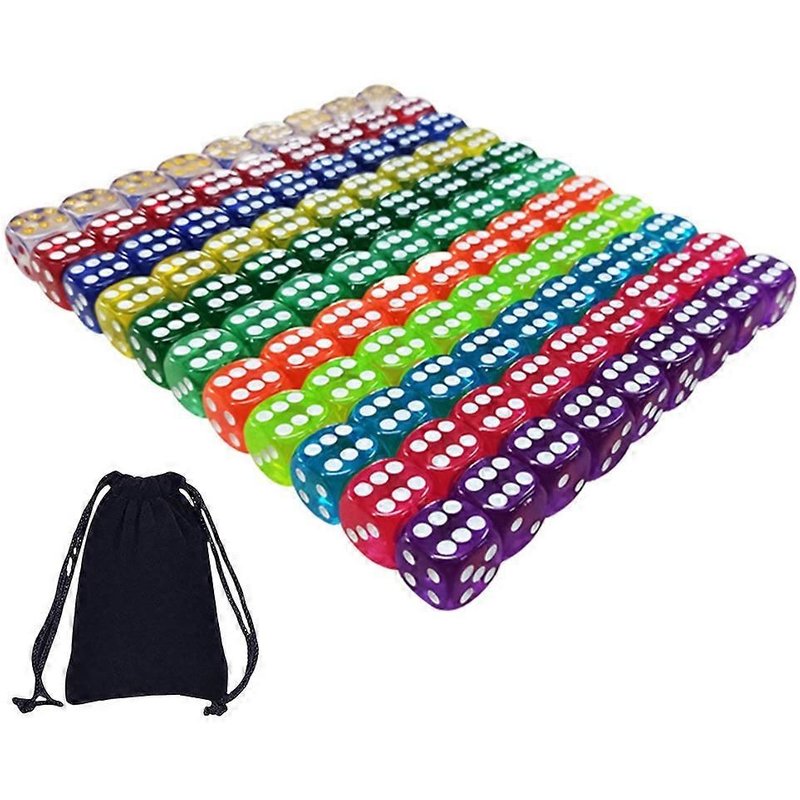 Lot De 100 Dés Translucides À 6 Faces De 16 Mm Avec Pochette À Cordon Pour Jeux De Société Et Enseignement