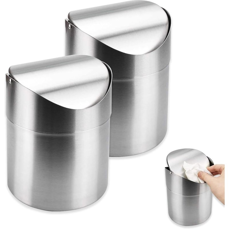 Poubelle de Table,2 Mini Poubelles de Table en Inox,avec Couvercle Basculant,Corbeille Ă Papier de Bureau,1,2L Poubelle de Table en Inox Poubelle de Table pour la Maison Bureau Lavabo (Argent)