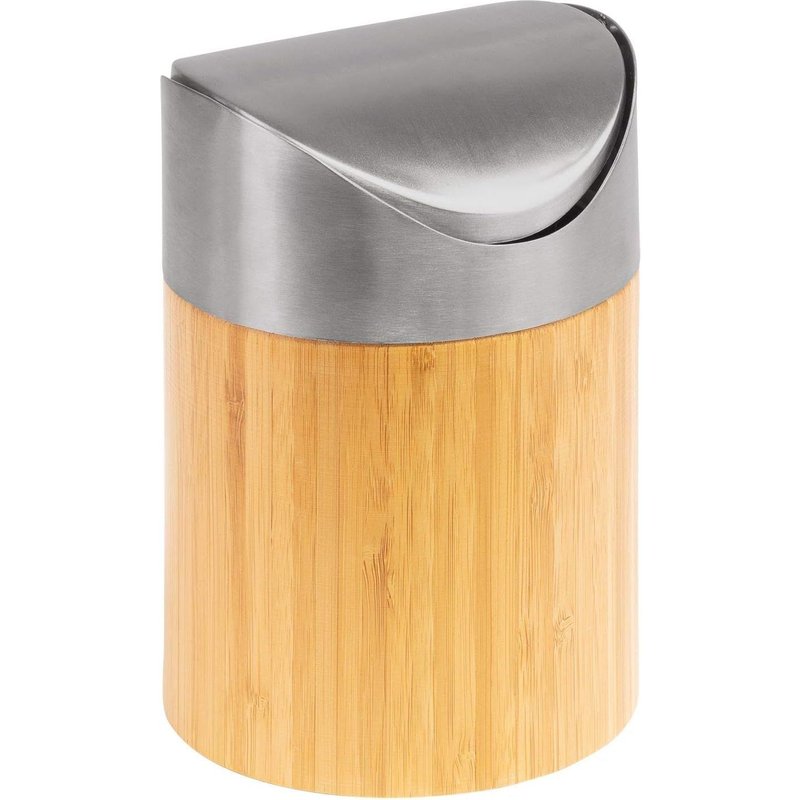 Poubelle de table en bambou et acier inoxydable avec couvercle basculant et insert en plastique Marron clair/argent/blanc Ø 12 cm