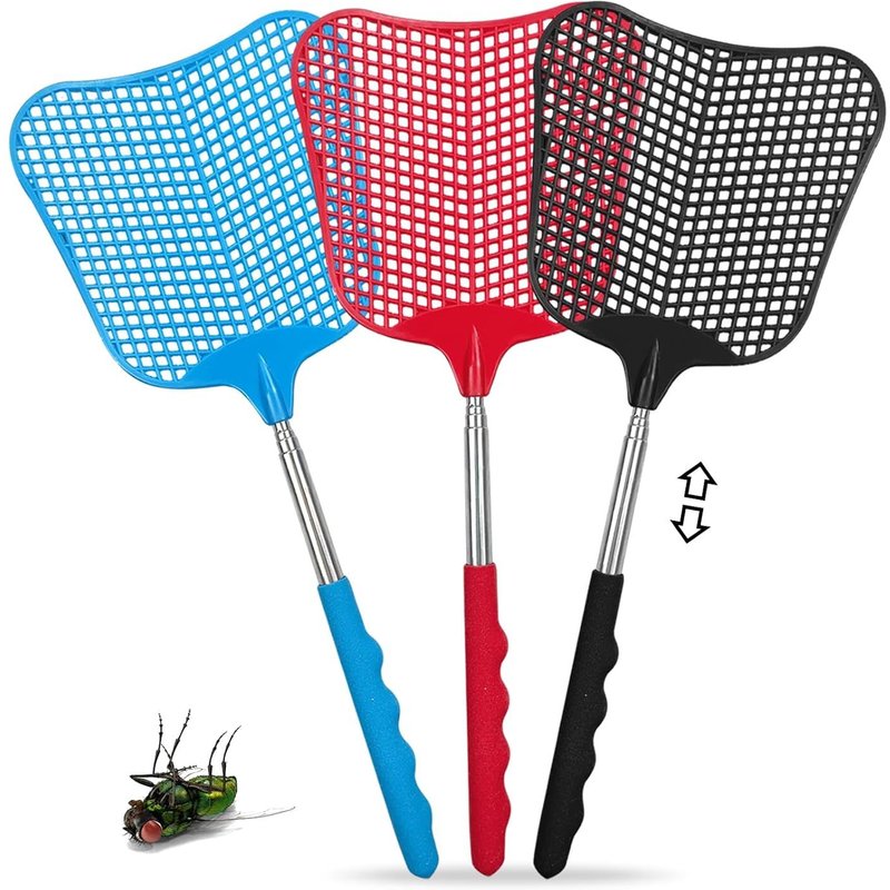 3 x Durable Manual Telescopic Fly Swatters, Portable Anti-Mosquito Swatters for Indoor Garden Mosquitoes Insects, Black, Blue, Red
