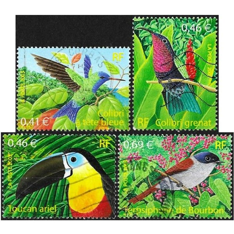 France 2003, Belle Série Nature De France, Oiseaux Exotiques, Timbres Yvert 3548 Le Colibri À Tête Bleu, 3549 Le Toucan, 2550 Le Colibri Grenat, 3551 Le Terpsiphone, Oblitérés, Tbe