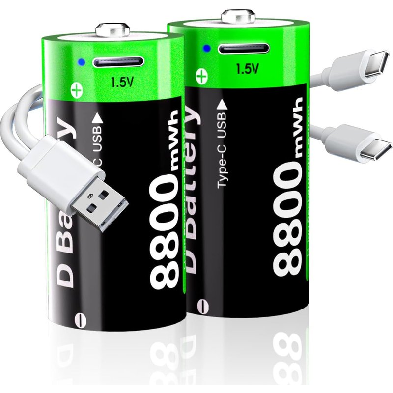 Lot de 2 batteries D rechargeables,8800 mWh haute capacité au lithium D,avec câble de charge USB-C 2 en 1,LR20 1,5 V,taille D,pour lampe de poche,appareil photo,projecteur