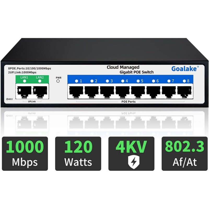 Switch Poe+ Gigabit 10 Ports,Switch Ethernet Gigabit Géré dans Le Cloud,8 Ports Poe à 120 W,2 Gigabit Uplink,802.3af/at,App Facile à Gérer,Détection Cloud,Vlan,Redémarrage Cloud,250 M