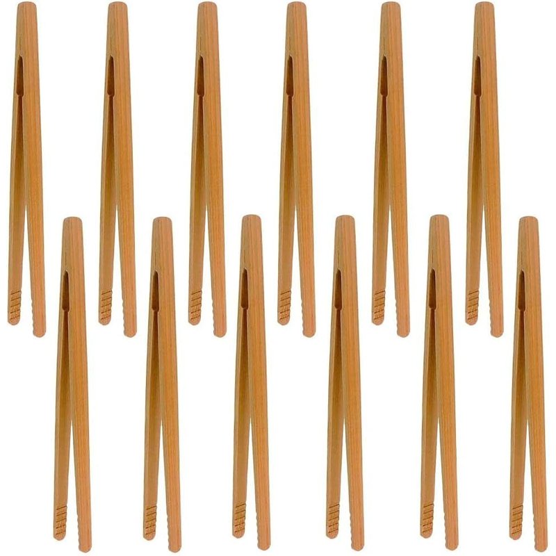 Pinces En Bambou¿12 Pcs Pinces De Cuisine En Bambou Pince Grille-Pain Pince À Toasts Pinces À Pain De Bois¿Pour Barbecue,Buffet,Pain,Steak