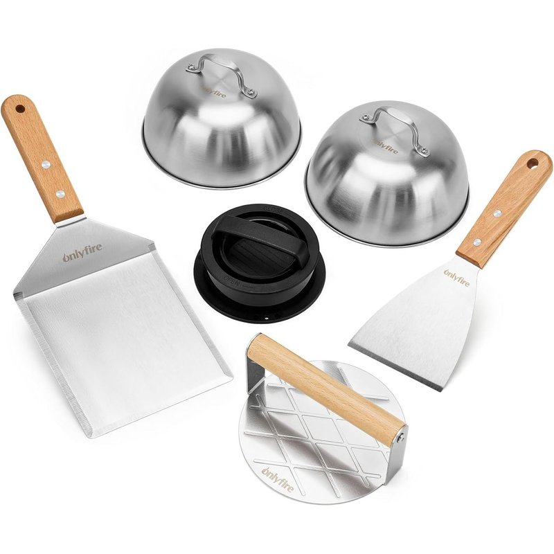 Burget Set De 6 Pièces, Contient Presse Burger, 2 Spatules, Presse À Hamburger, 2 Cloche De Cuisson Inox Pour Faire Fondre Fromage, Professionnel D'accessoires Barbecue Pour Planchas