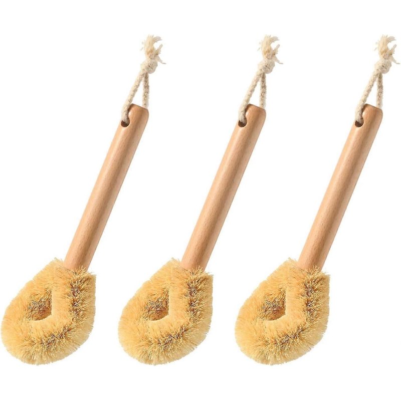 Brosse à récurer en fonte naturelle et à vaisselle, brosse à récurer en bois pour nettoyer les casseroles et poêles, manche en bois de hêtre et poils en noix de coco, écologique, 9,4 pouces,