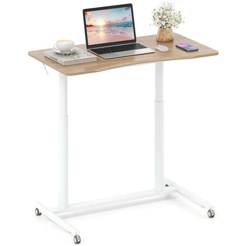 Costway Bureau Mobile Debout Réglable En Hauteur En Forme C - Roulettes Verrouillables Et Cadre En Métal 95 X 52 X 70-106 Cm Naturel