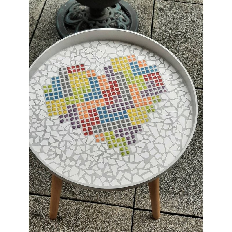 Table Basse / Bout De Canapé En Bois Et Décor En Mosaique Céramique Fait À La Main
