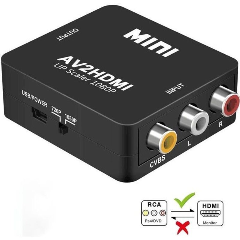 Adaptateur RCA vers HDMI, Zamus Mini AV RCA CVBS vers HDMI Convertisseur S vidéo Adaptateur 1080P pour PS2 Wii Console