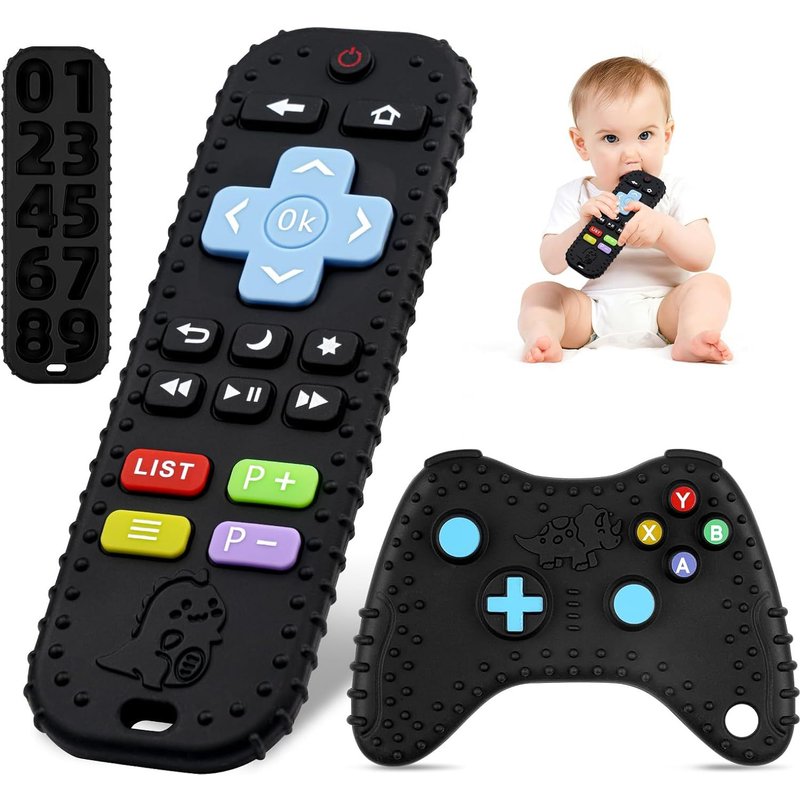 Anneau Dentition Bebe Silicone,3 Pcs Jouets De Dentition Avec Attache-Sucette,Jouet Dentition Bébé Manette De Jeu Télécommandée Pour Bébés Pour Nouveau-Nés Cadeaux Pour Bébé 6-12 Mois (Noir)