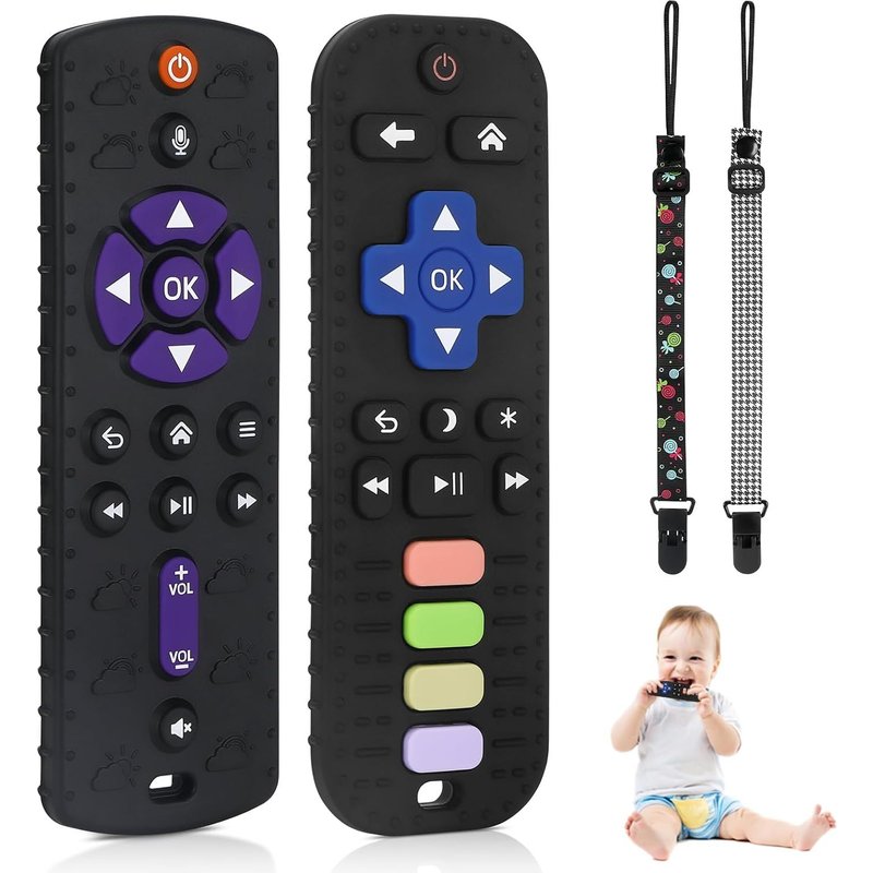 Anneau Dentition Bebe Silicone,2 Pièces Telecommande Jouet Dentition Bébé,Anneau Dentition Bebe,Avec Attache-Sucette Et Boutons Pussible,De 0 À 12 Mois Et Plus (Noir¿