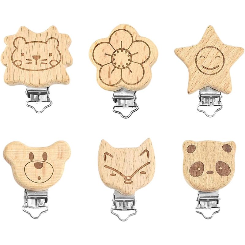 Attache Tetine Bois,Clip Attache Tetine Bois,Animal Sucette Clip,6 Pièces Attache Sucette Bois,Attache Sucette En Bois,Kit Attache Tetine Bois,Attache Tétine En Bois