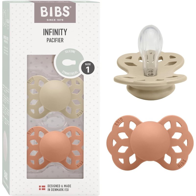 Lot De 2 Sucettes Physiologiques Infinity,Sans Bisphénol A,Tétine Physiologique En Silicone,Téterelle Symétrique. Silicone,Fabriqué Au Danemark,Taille 1 (0-6 Mois),Vanilla/Peach