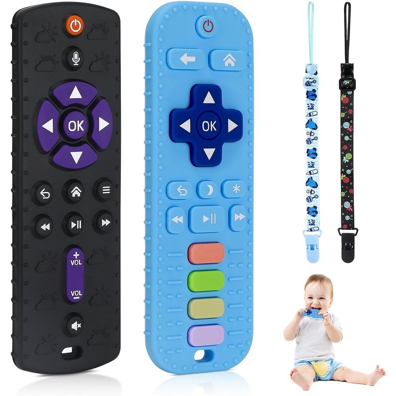 Anneau Dentition Bebe Silicone,2 Pièces Telecommande Jouet Dentition Bébé,Anneau Dentition Bebe,Avec Attache-Sucette Et Boutons Pussible,De 0 À 12 Mois Et Plus (Noir Et Bleu)