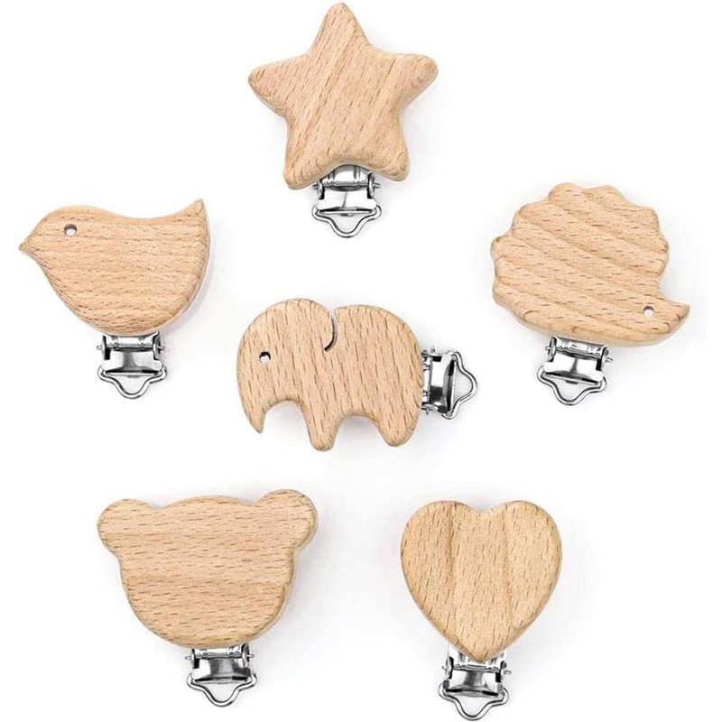 Attache Tetine Bois,Clip Attache Tetine Bois,Attache Sucette Bois,6 Pièces Attache Tétine En Bois,Attache Sucette En Bois,Animal Sucette Clip,Kit Attache Tetine Bois