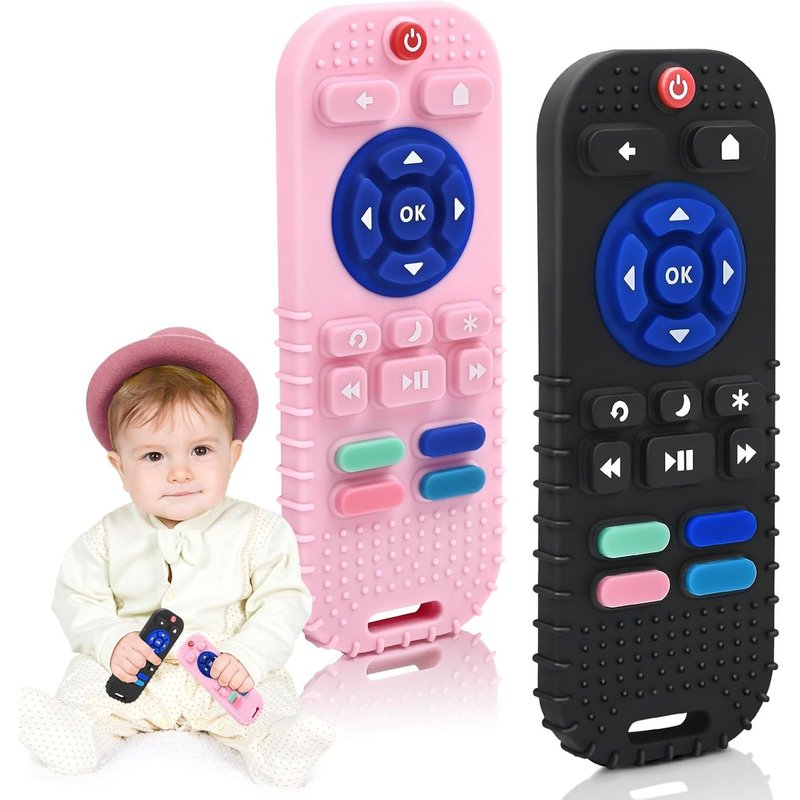 Anneau Dentition Bebe Silicone,Jouets De Dentition Pour Bebe 3 6 9 12 Mois,2 Pièces Télécommande Silicone Anneau Dentition Jouet Bébé,Jouets Pour Bébés Autistes Garçon Fille,Noir Et Rose