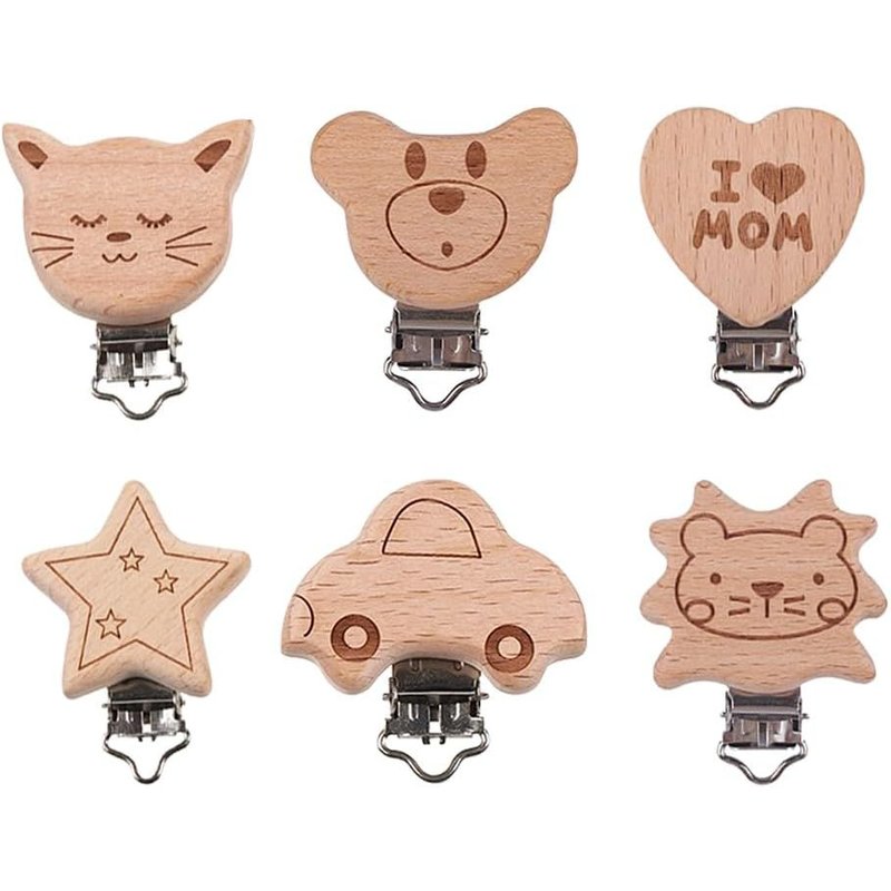 Attache Tetine Bois,Clip Attache Tetine Bois,Attache Sucette Bois,6 Pièces Animal Sucette Clip,Kit Attache Tetine Bois,Attache Sucette En Bois,Attache Tétine En Bois