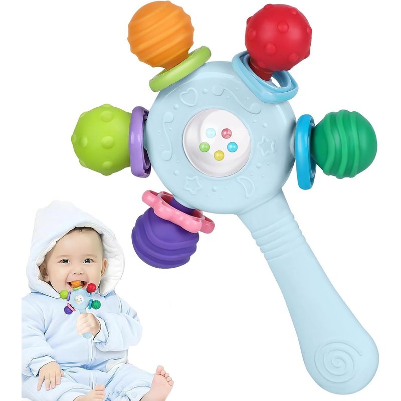 Aliments-Qualité Hochet Pour Bébé-Anneau De Dentition-Sans Bpa,Conception Anti-Étouffement,Renforcement De La Prise,Adapté Au Développement Auditif Et Dentaire,Convient Aux Bébé De 0 À 36 Mois(Bleu)