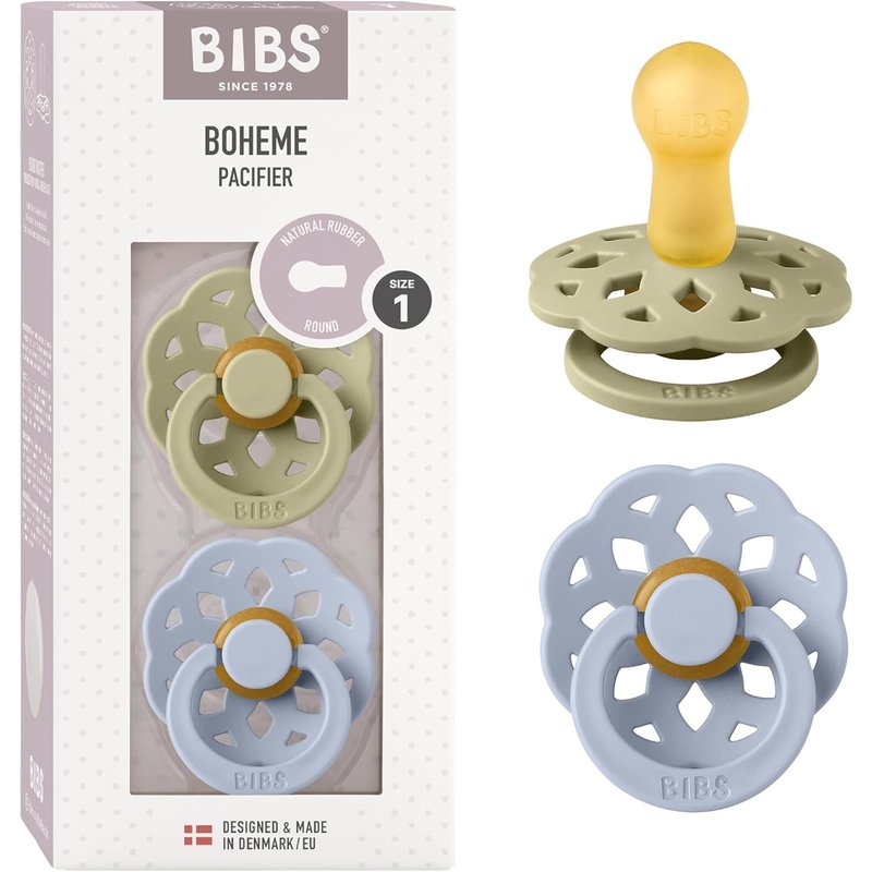 Boheme Lot De 2 Tétines. Sans Bisphénol A.,Téterelle Ronde. Latex De Caoutchouc Naturel,Fabriqué Au Danemark. Taille 1 (0-6 Mois),Khaki/Dusty Blue