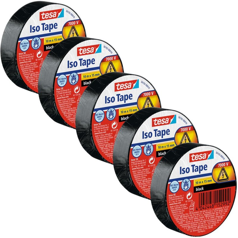 Isoler Ruban Adhésif pour l'Isolation,le Cerclage et la Fixation de Câbles Électriques jusqu'à 6000 v-Lot de 5-Câbles Audio,Vidéo et Alimentation-Ignifuge-5x 10 m x 15 mm-Noir