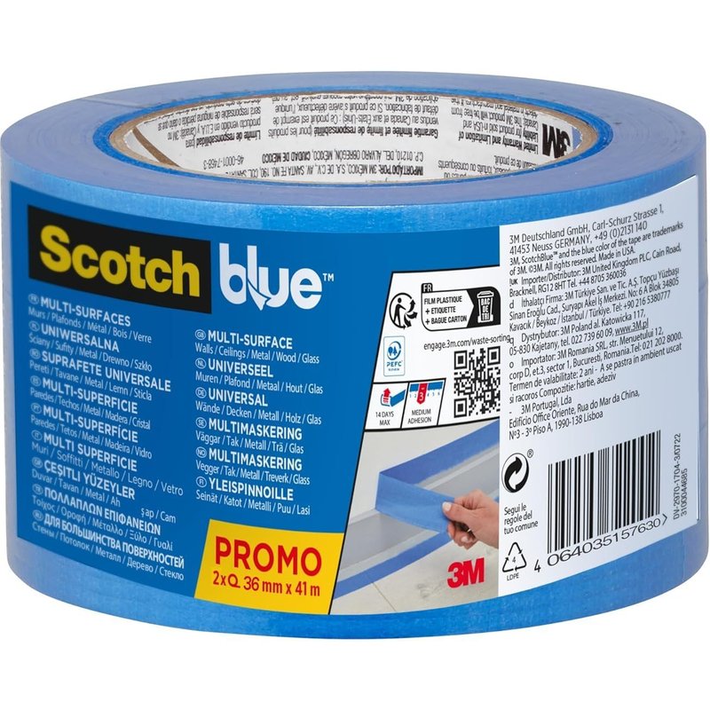 Blue Ruban de masquage Multi-Surfaces,36 mm x 41 m,2 Rouleaux/Emballage,70% PEFC,SGSCH-PEFC-COC-110078