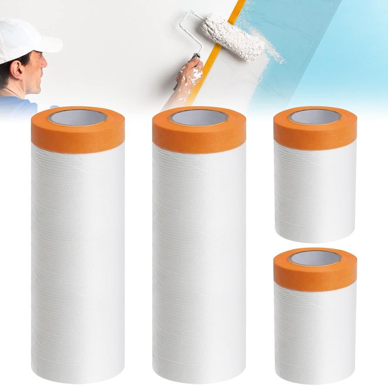 4 Rouleaux Film de Masquage Autocollant-3 Tailles: 270cm*12m/240cm*20m/55cm*20m,Bache de Protection Peinture pour Peinture/Meuble/Sol,Avec Ruban Adhésif