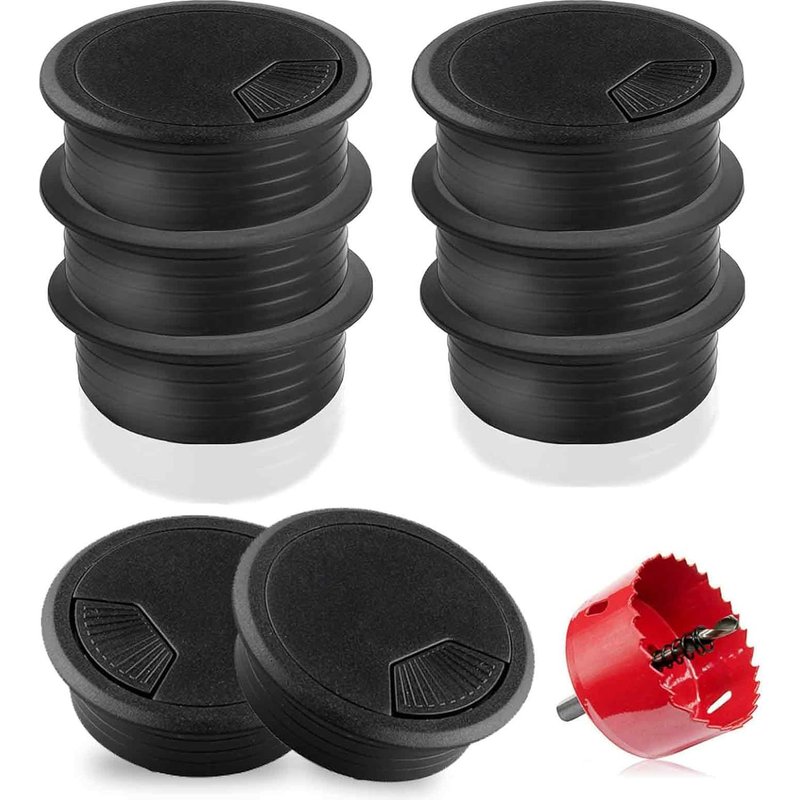 Lot de 6 passe-câbles de bureau en plastique flexible de 60 mm avec 1 scie cloche pour table,bureau,plans de travail,meubles (noir)