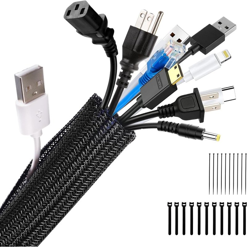 Gaine Câble,25 mm-3M Pet Cache Cable avec 10 Bandes Auto-adhésives et 10 Attaches Câbles pour TV/Informatique