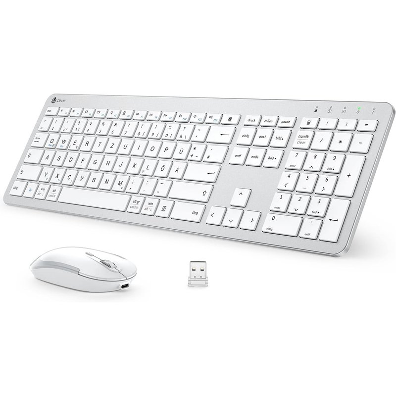 Ensemble Clavier Et Souris Sans Fil Rechargeables Qwertz Allemand, Clavier Sans Fil 2,4 Ghz Avec Souris Pour Pc/Ordinateur Portable/Smart Tv, Blanc