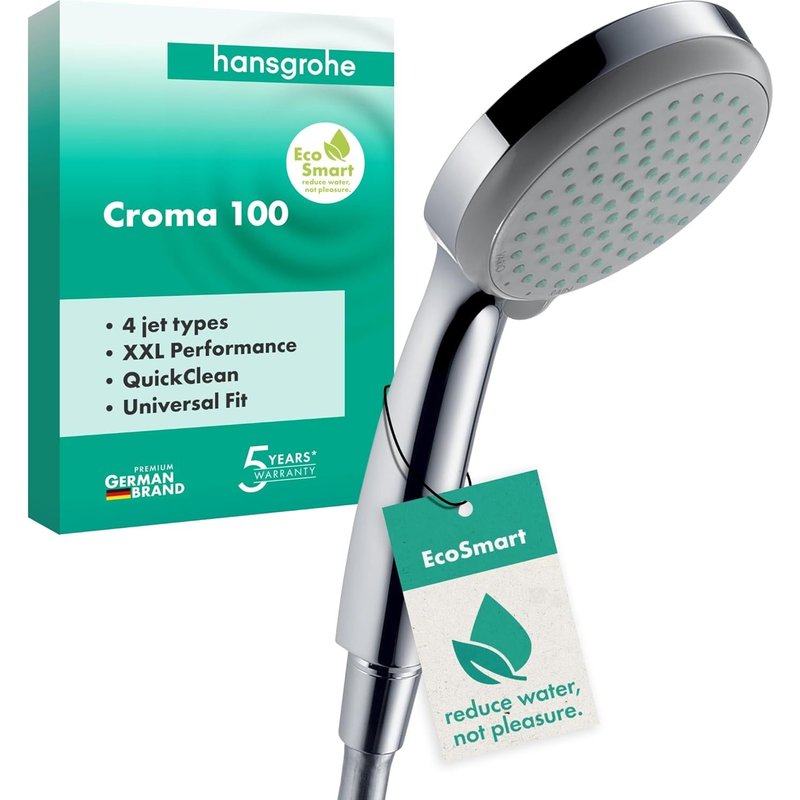 hansgrohe Croma 100 - Pommeau de douche économie d'eau avec 9 l/min (EcoSmart), Douchette à main avec 4 types de jet, Douchette ronde (diamètre 100 mm), Chromé, 28537000
