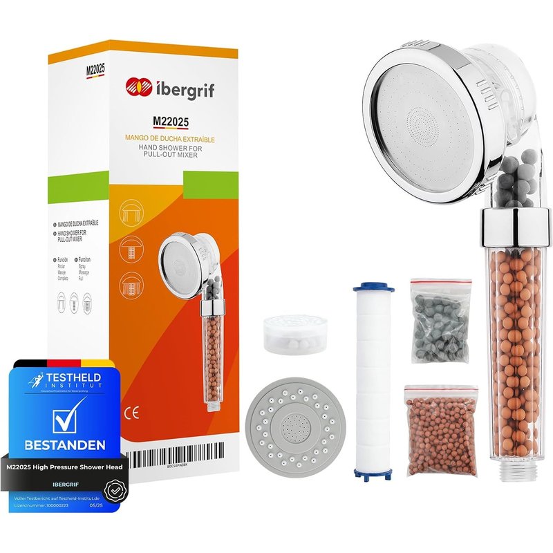 Pommeau de Douche 3 Modes, Haute Pression et Filtration Anticalcaire, Économiseur d'Eau avec Filtre Remplaçable en Coton PP, Douche Puissante et Hygiénique pour Maison, M22025