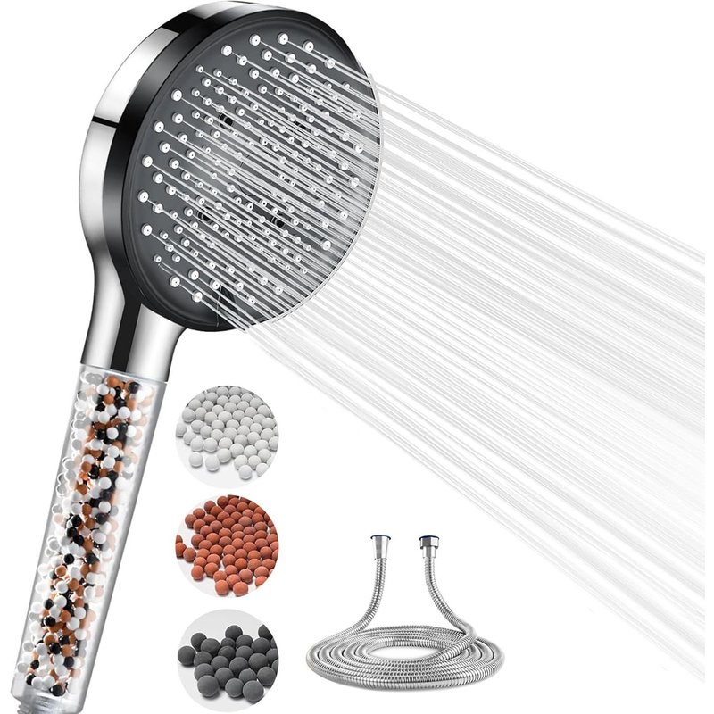 Pommeau de Douche,avec Filtre à Billes,5 Modes Spray,Pommeau de Douche Portatif à Grand Débit pour l'élimination du Chlore,Des Métaux Lourds,Des Impuretés,avec Tuyau de 1.5M,Chromé