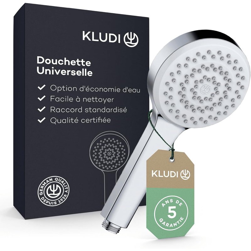 KLUDI-X1 Douchette universale 1 jet, anti calcaire facile à nettoyer, douchette économisant l'eau en option (standard 15 l/m, option 9 l/min), douchette à main (Ø10,7 cm), chromé