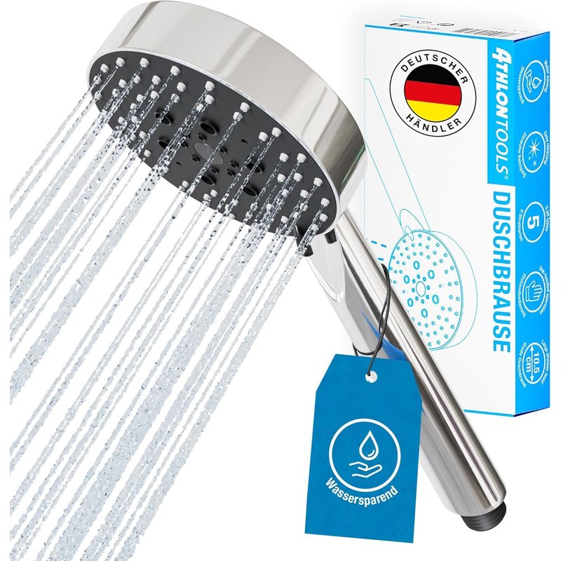 Pommeau de douche à économie d'eau - 5 types de jet - Diamètre : 105 mm - Pommeau de douche rond (couleur chromée, pommeau de douche 105 mm)