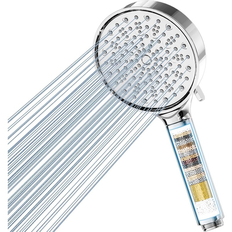 Filtre Pommeau de douche Anti Calcaire avec 20 Étapes Filtre, 6 Types de Jets Pommeau Économie Deau Haute Pression (Chromé)